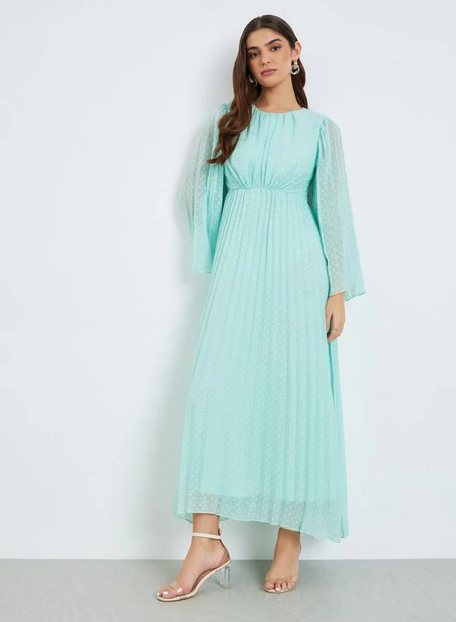 Styli Women Green Dobby Fabric A-Line Maxi Dress